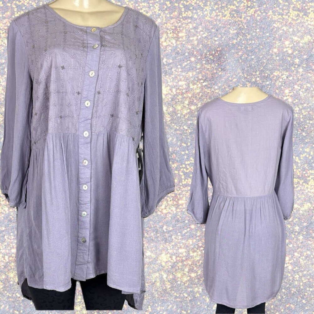 Ellos 12 Purple Button Down Beaded Embroidered Mixed Material 3/4 Sleeve Blouse